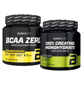 Aminokwasy BCAA BIOTECH Zero Ananasowo-mango (360 g) + Monohydrat kreatyny BIOTECH 100% Creatine Monohydrate (300 g)