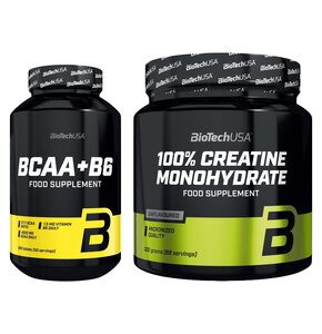 Aminokwasy BCAA BIOTECH +B6 (200 tabletek) + Monohydrat kreatyny BIOTECH 100% Creatine Monohydrate (300 g)