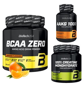 Monohydrat kreatyny BIOTECH 100% Creatine Monohydrate (300 g) + Aminokwasy BCAA BIOTECH Zero Pomarańczowy (360 g) + Przedtreningówka BIOTECH AAKG 1000 (100 tabletek)