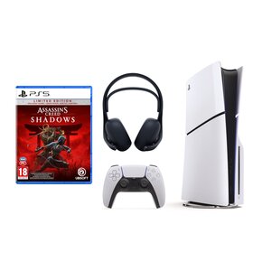 Konsola SONY PlayStation 5 Slim + Assassin's Creed Shadows - Edycja Limitowana Gra PS5 + Słuchawki SONY Pulse Elite Bezprzewodowe, Nauszne, Dźwięk przestrzenny