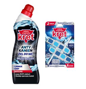 Żel do czyszczenia toalety KRET Antykamień Multi Action 750 ml + Kostka do WC KRET Fresh Power Marine Fresh 2x40g