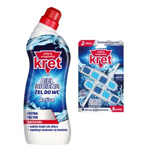 Żel do czyszczenia toalety KRET Biel Higiena Active 750 ml + Kostka do WC KRET Fresh Power Marine Fresh 2x40g
