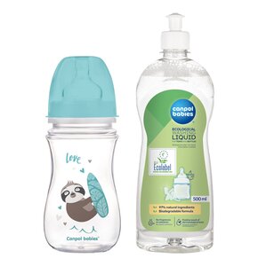 Butelka CANPOL BABIES EasyStart Exotic 240 ml Niebieski + Płyn CANPOL BABIES do mycia smoczków i butelek 500 ml