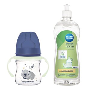 Butelka CANPOL BABIES EasyStart Sleepy Koala 120 ml Niebieski + Płyn CANPOL BABIES do mycia smoczków i butelek 500 ml