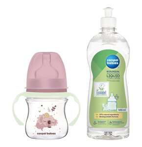 Butelka CANPOL BABIES EasyStart Sleepy Koala 120 ml Różowy + Płyn CANPOL BABIES do mycia smoczków i butelek 500 ml
