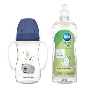 Butelka CANPOL BABIES EasyStart Sleepy Koala 240 ml Niebieski + Płyn CANPOL BABIES do mycia smoczków i butelek 500 ml