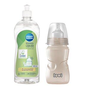 Butelka LOVI Trends 250 ml Beżowy + Płyn CANPOL BABIES do mycia smoczków i butelek 500 ml