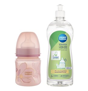 Butelka CANPOL BABIES EasyStart GOLD 120 ml Różowy + Płyn CANPOL BABIES do mycia smoczków i butelek 500 ml