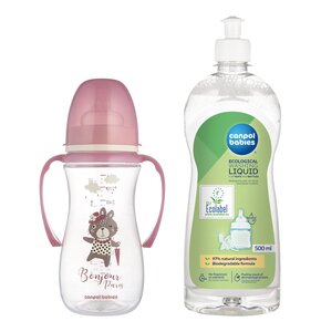 Butelka CANPOL BABIES EasyStart Bonjour Paris 300 ml Różowy + Płyn CANPOL BABIES do mycia smoczków i butelek 500 ml