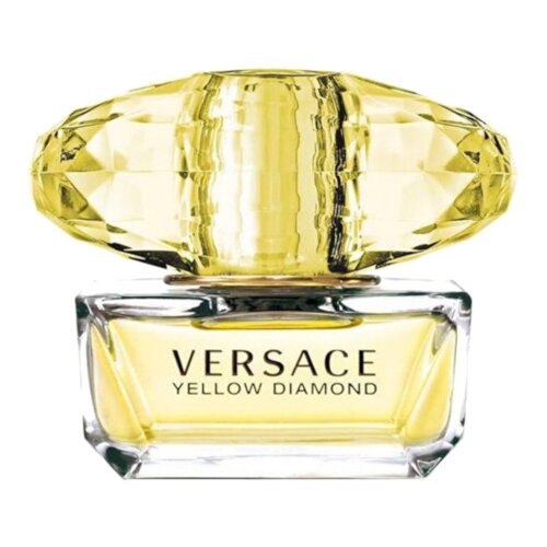 Flakon perfum o nazwie "Versace Yellow Diamond" z przezroczystego szkła, wypełniony żółtym płynem, z ozdobnym, żółtym korkiem przypominającym diament. Na flakonie widoczny jest napis: "VERSACE YELLOW DIAMOND".