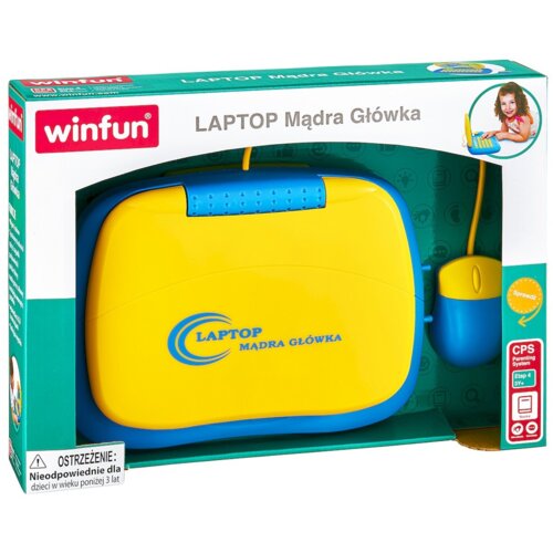 Opakowanie zabawki edukacyjnej z napisem "LAPTOP Mądra Główka" oraz logo "winfun" w lewym górnym rogu. Na dole opakowania znajduje się ostrzeżenie: "OSTRZEŻENIE: Nieodpowiednie dla dzieci w wieku poniżej 3 lat".