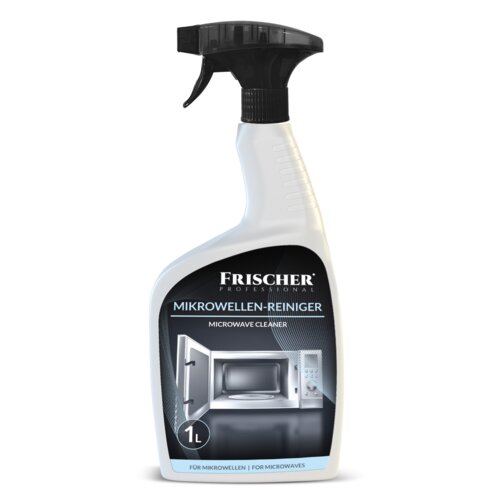 Biała butelka z czarnym spryskiwaczem zawiera płyn do czyszczenia kuchenek mikrofalowych FRISCHER 1000 ml. Na etykiecie widnieje napis "FRISCHER PROFESSIONAL MIKROWELLEN-REINIGER MICROWAVE CLEANER" oraz grafika otwartej kuchenki mikrofalowej.