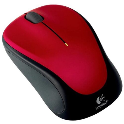 Czerwona mysz komputerowa z czarnymi bokami i rolką przewijania, na której widoczne jest logo "Logitech" w dolnej części.