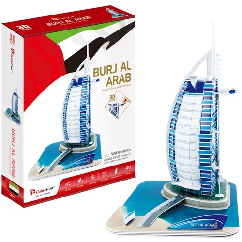 Pudełko przedstawia model 3D budynku Burj Al Arab z napisem "BURJ AL ARAB World's Great Architecture" oraz ostrzeżeniem "WARNING: CHOKING HAZARD - Small parts. Not for children under 3 years." Zestaw zawiera 46 elementów, a na opakowaniu widnieje logo "Cu