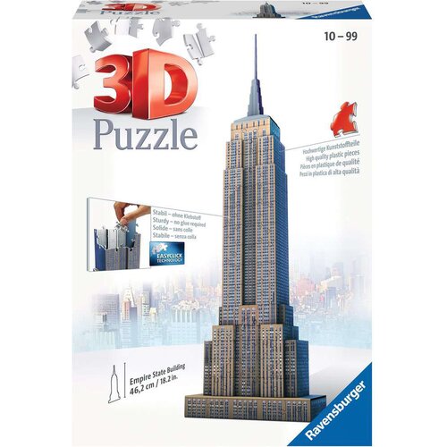 Opakowanie przedstawia model 3D Empire State Building z 216 elementów, z napisem "3D Puzzle" oraz informacją o wieku 10-99 lat. Widoczne są także hasła: "Stabil – ohne Klebstoff", "Sturdy – no glue required", "Easyclick Technology", oraz logo "Ravensburge
