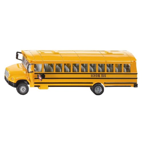 Żółty model autobusu szkolnego z czarnymi paskami i napisem "SCHOOL BUS" na boku. Pojazd ma szczegółowo odwzorowane okna i koła.