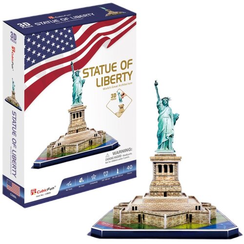 Pudełko przedstawia model 3D Statuy Wolności z napisem "STATUE OF LIBERTY World's Great Architecture" oraz ostrzeżeniem: "WARNING: CHOKING HAZARD - Small parts. Not for children under 3 years." Na opakowaniu widnieje logo "CubicFun" oraz informacja o 40 e