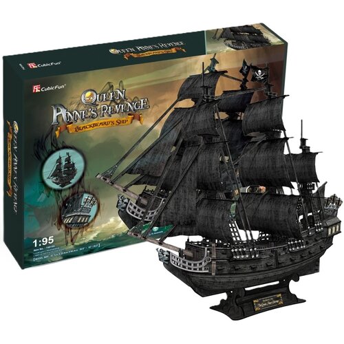 Pudełko przedstawia model statku pirackiego z napisem "Queen Anne's Revenge Blackbeard's Ship" oraz logo "CubicFun". Obok pudełka znajduje się złożony model statku z czarnymi żaglami i detalami pokładu.