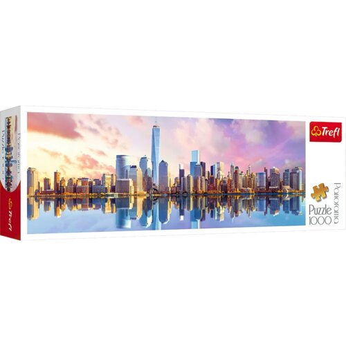 Pudełko puzzli przedstawia panoramę Manhattanu z odbiciem w wodzie, z napisem "Trefl" oraz "Puzzle 1000 Panorama". Widoczne jest logo Trefl w czerwonym prostokącie.