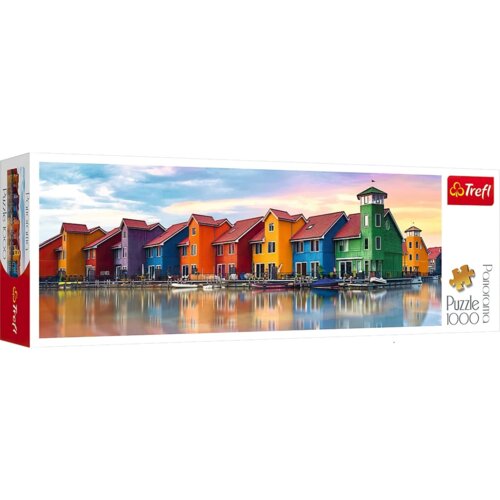 Pudełko puzzli przedstawia kolorowe domy nad wodą w Groningen, Holandia, z napisem "Puzzle TREFL Panorama Groningen, Holandia 29034 (1000 elementów)" oraz logo Trefl. Na opakowaniu widnieje również grafika złożona z 1000 elementów.