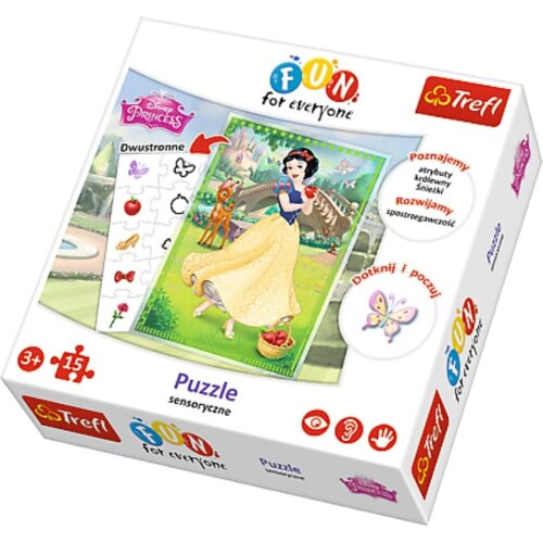 Opakowanie puzzli przedstawia postać z bajki na tle zielonego krajobrazu, z widocznymi elementami do ułożenia oraz napisami: "Disney Princess", "Dwustronne", "Poznajemy atrybuty królewny Śnieżki", "Rozwijamy spostrzegawczość", "Dotknij i poczuj", "Puzzle