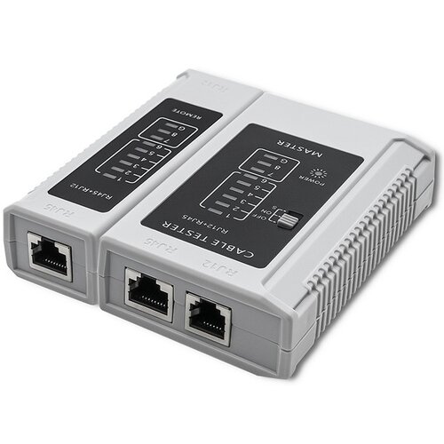 Na zdjęciu znajduje się tester kabli z dwoma modułami oznaczonymi jako "MASTER" i "REMOTE", z widocznymi portami RJ45 i RJ11. Na obudowie widnieje napis "CABLE TESTER RJ45/RJ11" oraz przełącznik z oznaczeniami "ON" i "OFF".