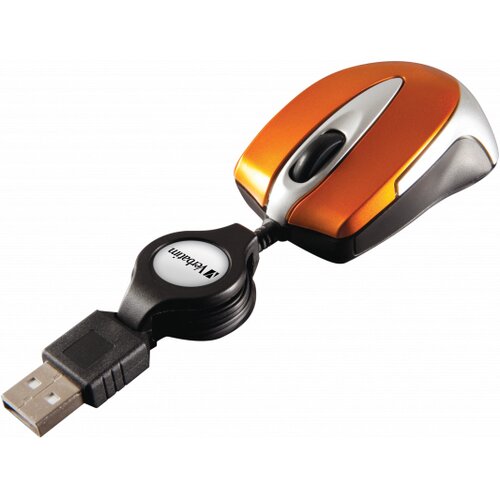 Pomarańczowa mysz optyczna z czarnym kółkiem przewijania i srebrnymi akcentami, połączona z czarnym, zwijanym kablem USB. Na okrągłym elemencie kabla widoczne jest logo "Verbatim".