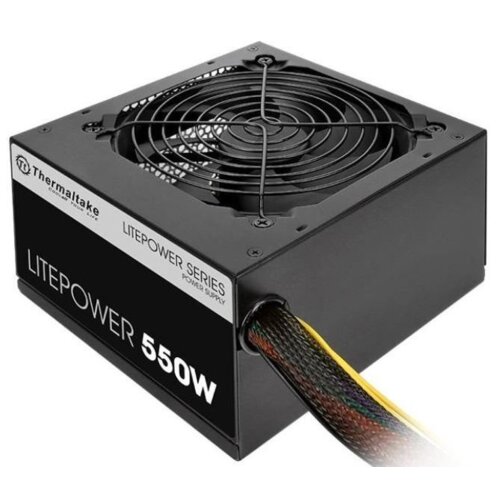 Czarny zasilacz komputerowy z widocznym wentylatorem na górze i wiązką kabli wychodzącą z boku. Na obudowie znajduje się napis: "Thermaltake Litepower Series Power Supply LITEPOWER 550W".