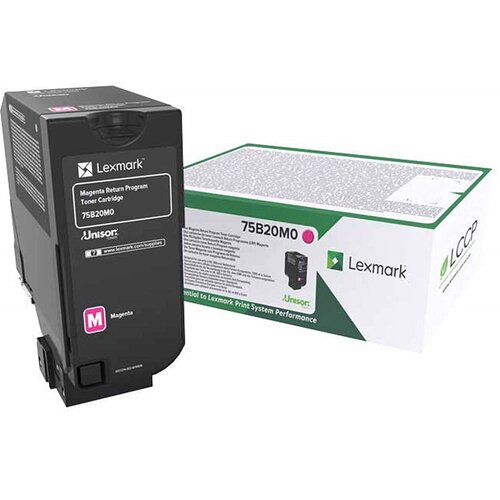 Na zdjęciu widoczny jest czarny toner z napisem "Lexmark Magenta Return Program Toner Cartridge 75B20M0" oraz białe pudełko z oznaczeniem "75B20M0" i logo Lexmark. Na tonerze znajduje się również symbol "M" z opisem "Magenta".