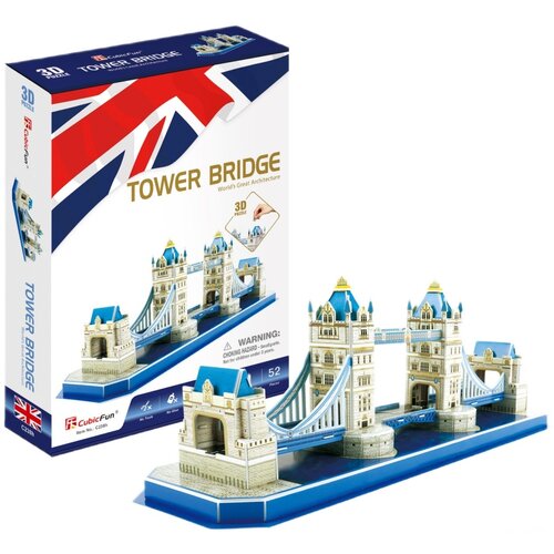 Pudełko przedstawia model 3D Tower Bridge z napisem "TOWER BRIDGE World's Great Architecture" oraz informacją o 52 elementach. Na opakowaniu widnieje logo "CubicFun" oraz ostrzeżenie: "WARNING: CHOKING HAZARD - Small parts. Not for children under 3 years.
