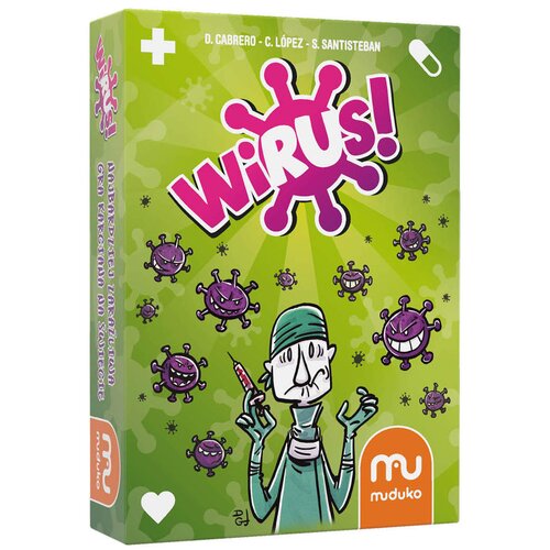 Zielone pudełko gry karcianej "Wirus!" z dużym, różowym napisem na środku oraz ilustracją postaci w stroju medycznym trzymającej strzykawkę. W tle widoczne są fioletowe wirusy z uśmiechniętymi twarzami, a w dolnym rogu znajduje się logo "mu muduko".