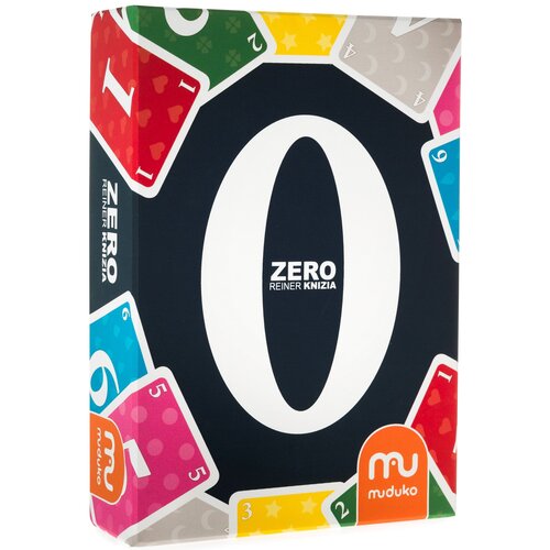 Na zdjęciu znajduje się pudełko gry karcianej z dużą cyfrą "0" na środku, otoczoną kolorowymi kartami z numerami. Na pudełku widnieje napis "ZERO REINER KNIZIA" oraz logo "mu muduko".