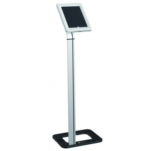 Stojak na tablet z białą ramą i czarną podstawą, na której widoczne jest logo "Techly". Produkt ma prostą, smukłą konstrukcję z regulowaną wysokością.