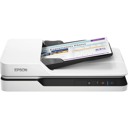 Biały skaner z logo "EPSON" na obudowie, z dokumentem w podajniku, na którym widoczny jest tekst "Global Expansion Plans" oraz wykresy i liczby. Na panelu sterowania znajdują się przyciski z ikonami zasilania i funkcji.
