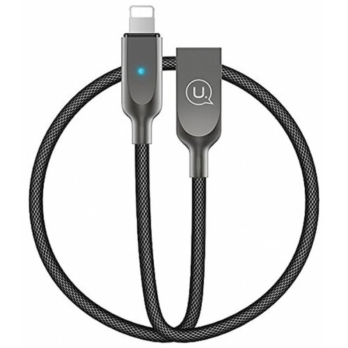 Czarny kabel USB-Lightning o długości 1,9 m z plecionym oplotem, z jednej strony zakończony wtykiem Lightning z niebieską diodą, a z drugiej strony wtykiem USB z logo "U.".
