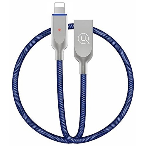 Niebieski kabel USB-Lightning o długości 1,9 m z plecionym oplotem, zakończony dwoma metalicznymi wtyczkami. Na jednej z wtyczek znajduje się logo "U." w okręgu.