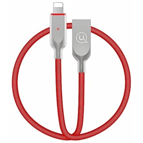 Czerwony kabel USB-Lightning o długości 1,9 m z metalicznymi końcówkami, na jednej z nich widoczne jest logo "U.". Kabel ma plecioną osłonę, a na jednej z końcówek znajduje się mała czerwona dioda.