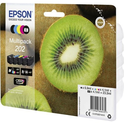 Zestaw tuszów EPSON 202 Czarny 6.9 ml, Błękitny 4.1 ml, Purpurowy 4.1 ml, Żółty 4.1 ml, Czarny fotograficzny 4.1 ml C13T02E74010