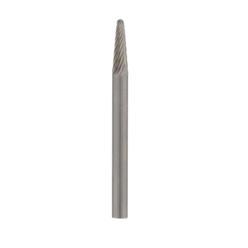 Na zdjęciu widoczny jest metalowy frez o cylindrycznym kształcie z wąskim, stożkowym zakończeniem, posiadającym spiralne rowki. Produkt jest jednolicie srebrny i nie zawiera żadnych widocznych napisów ani logo.