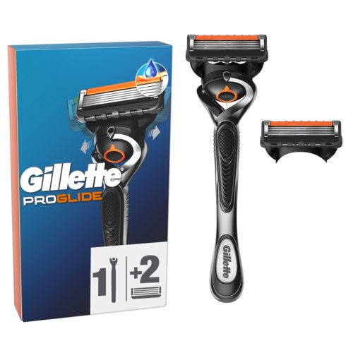 Na zdjęciu znajduje się opakowanie i golarka z napisem "Gillette ProGlide", obok której widoczne są dwa ostrza. Na opakowaniu widnieje grafika przedstawiająca kroplę wody oraz oznaczenie "1 + 2".