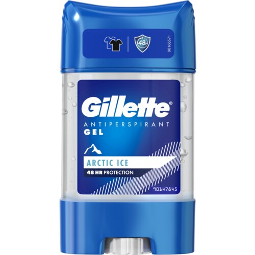 Niebieski pojemnik z przezroczystą częścią, na której widnieje napis "Gillette Antiperspirant Gel Arctic Ice 48 HR Protection". Na górze znajduje się ikona koszulki i tarczy z napisem "48h", a po prawej stronie numer "90166571".