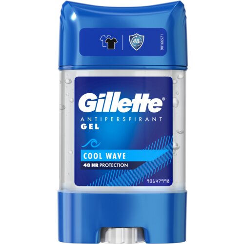 Niebieskie opakowanie antyperspirantu w żelu z widocznym logo "Gillette" oraz napisami: "ANTIPERSPIRANT GEL", "COOL WAVE", "48 HR PROTECTION". Na górze opakowania znajdują się ikony koszulki i tarczy z napisem "48H".