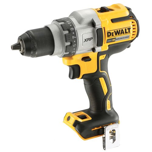 Na zdjęciu znajduje się żółto-czarna wiertarko-wkrętarka z widocznym logo "DEWALT" oraz napisami "XRP" i "18V XR BRUSHLESS". Na obudowie narzędzia widoczna jest skala z numerami od 1 do 11.