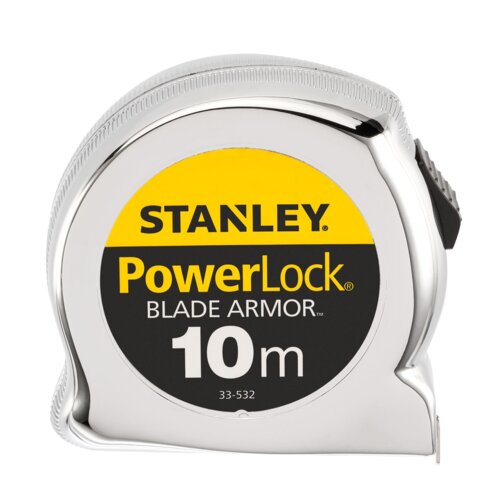 Na zdjęciu znajduje się miara zwijana z metalową obudową, na której widnieje napis: "STANLEY PowerLock BLADE ARMOR 10 m 33-532". Produkt ma żółto-czarną etykietę z wyraźnym logo producenta.