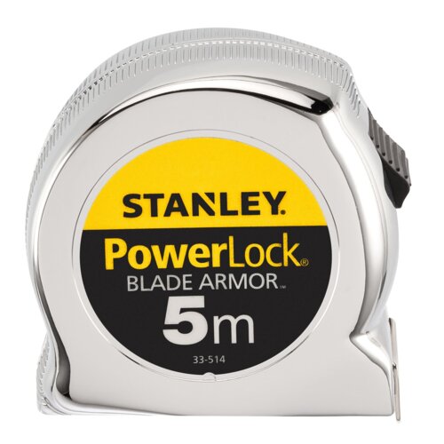 Srebrna miara zwijana z widocznym logo "STANLEY" na żółtym tle oraz napisami "PowerLock BLADE ARMOR 5m 33-514" na czarnym tle. Produkt ma błyszczącą obudowę i czarny uchwyt.