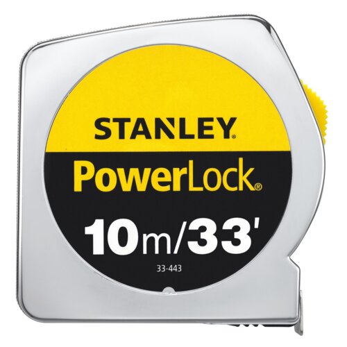 Na zdjęciu znajduje się miara zwijana z metalową obudową, na której widnieje napis "STANLEY PowerLock 10m/33' 33-443". Obudowa jest w kolorze srebrnym z żółto-czarnym oznaczeniem na przodzie.