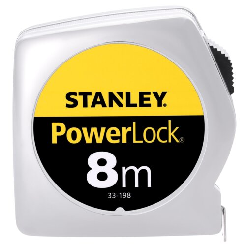 Srebrna miara zwijana z widocznym logo "STANLEY" na żółtym tle oraz napisem "PowerLock 8 m 33-198" na czarnym tle. Produkt ma kompaktowy, prostokątny kształt z zaokrąglonymi krawędziami.