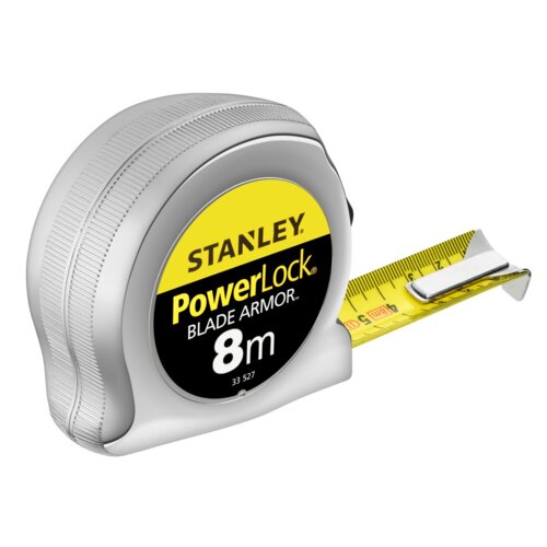Na zdjęciu znajduje się miara zwijana z metalową obudową i wysuniętą żółtą taśmą pomiarową. Na obudowie widnieje napis: "STANLEY PowerLock BLADE ARMOR 8m 33-527".