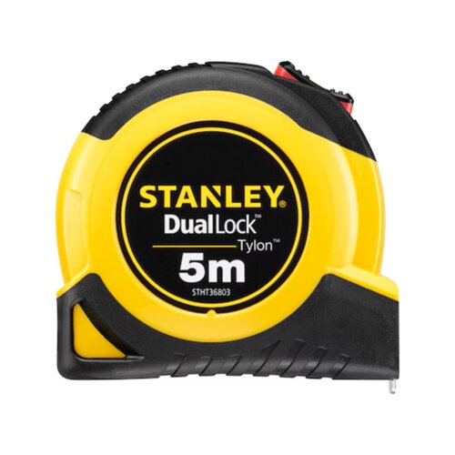 Na zdjęciu znajduje się żółto-czarna miara zwijana z widocznym napisem: "STANLEY DualLock Tylon 5m STHT36803". Produkt ma kompaktowy, ergonomiczny kształt z wyraźnym logo producenta.
