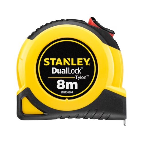Żółta miara zwijana z czarnymi i czerwonymi elementami, na której widnieje napis: "STANLEY DualLock Tylon 8m STH36804". Produkt ma okrągły kształt z widocznym mechanizmem blokującym.